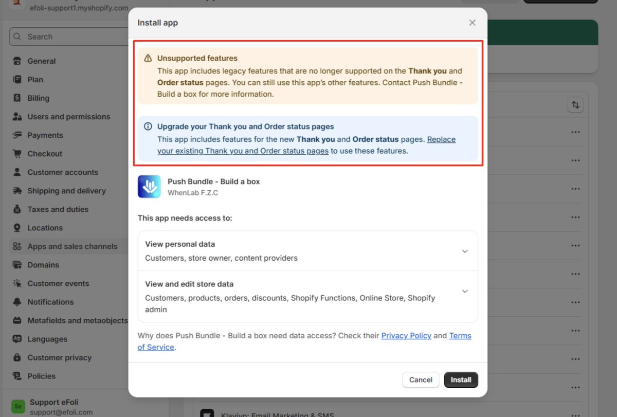 Jahangir503's tweet image. @Shopify's new “Unsupported features” warning during app install is confusing merchants.
It’s not an app issue — it’s due to Shopify’s new Thank You & Order Status page updates.
A small UX tweak could save a lot of merchant confusion. ⚡
#ShopifyDev #shopifydeveloper #Shopify…
