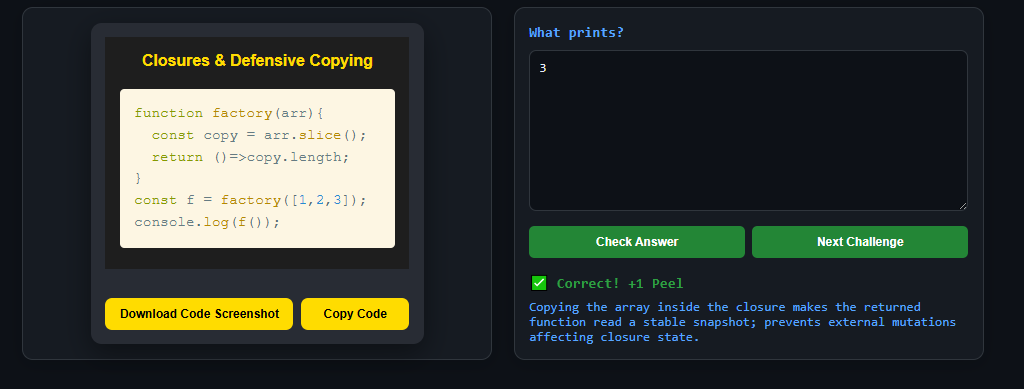 koomekelvink's tweet image. JS closures + array copies = stable snapshots
Closure challenge ->
peelcode.devsip.tech/peel/closure/i…
#javascriptlearning #javascripttips
#SoftwareDevelopment #SoftwareEngineering #buildinpublic #letsconnect #100DaysOfCode