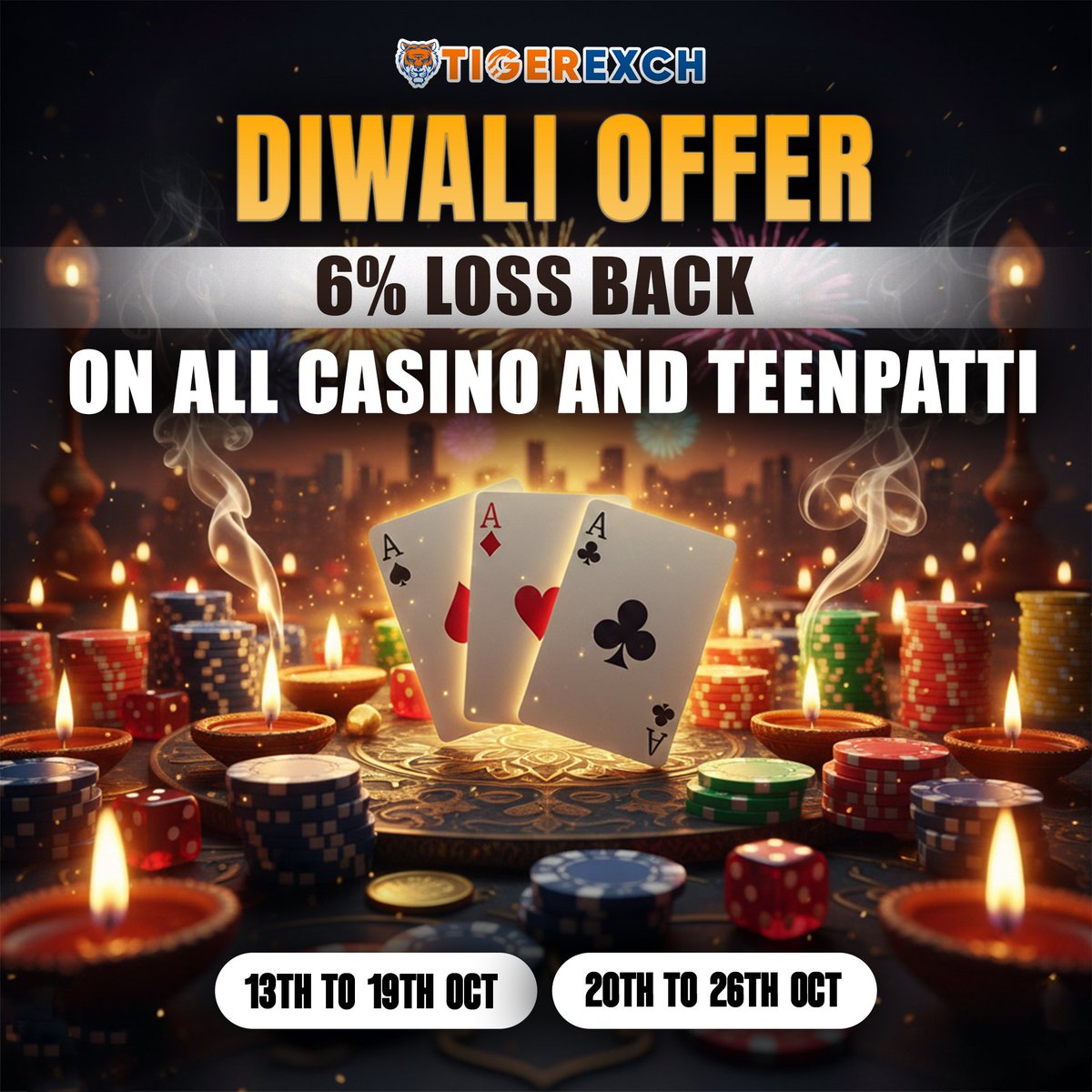 We all love playing cards during Diwali parties, so this year,   Tigerexch.ai is making your Diwali even more special! 💥

Enjoy a 6% loss back on Teenpatti and Casino games because this festive season, luck always finds its way back to you. 🃏🎰