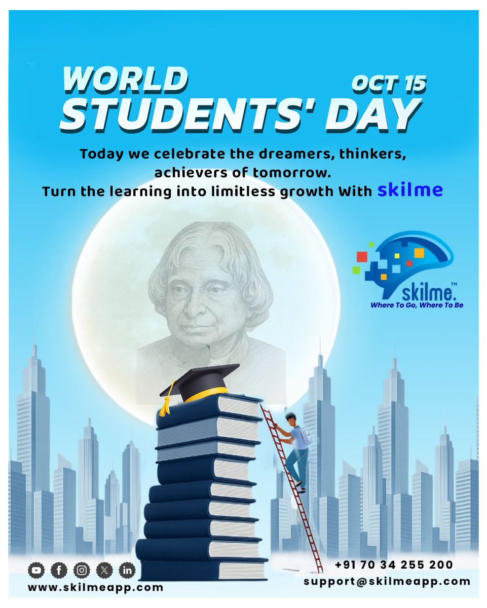 SkilmeM32114's tweet photo. 🎓✨ Happy World Students’ Day! ✨🎓
“Dream, dream, dream. Dreams transform into thoughts and thoughts result in action.” – Dr. A.P.J. Abdul Kalam 🌟
#Skilme #WorldStudentsDay #LearnWithSkilme #SkillUp #FutureReady #DreamBig #APJKalam #StudentGoals #GrowWithSkilme #KnowledgeIs https://t.co/hhtwsCsOQ5