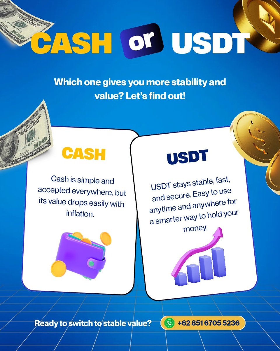 usdtbalieng's tweet image. 💸 Cash or 💠 USDT Which one truly keeps your money safe from inflation
Choose the smarter way to protect your value USDT stays 💪 strong 🌍 stable and ⚡ easy to use anytime anywhere

📞 Call us now: +62 851 6705 5236
Hashtags:
 #USDTBALI #StayStable #SmartValue #DigitalMoney