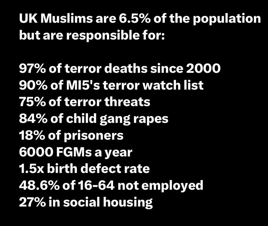 英国穆斯林人口占比6.5%，但他们包办了：

自2000年以来97%的恐怖主义死亡；
90%的中情五处恐怖分子监视名单;
75%的恐怖主义威胁；
84%的儿童强奸团伙；
18%的入狱罪犯；
6000起的女性生殖器切割；
1.5倍的出生缺陷率；
48.6%的青壮年失业率；
以及27%的社会福利房。。。