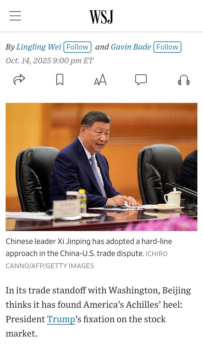 4天爆了的一条推，底下的好多留言我已经懒得看了。今天华尔街日报的文章：北京认为他们抓到了美国的痛点，川普对于股市的执着