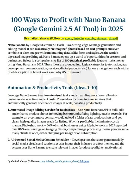 beginnersblog1's tweet image. Nano Banana is insane but 99% don't know how to make serious money with this.
Smart People are already pulling in $5K–$20K/month.
I prepared a PDF covering 100 SIDE Hustle ideas you can use to make serious money.
It's 100% FREE
Want this?
Follow
Repost
Comment "Nano"