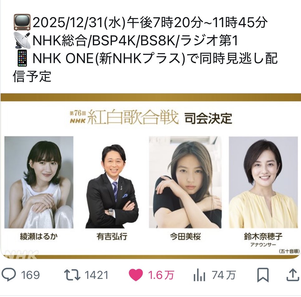 今年の紅白歌合戦の司会に綾瀬はるかさんと今田美桜が決定しました❗️見逃せませんね😄🐬
#今田美桜
#綾瀬はるか
#有吉弘行
#NHK
#紅白歌合戦
#紅白司会