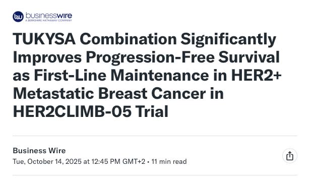 Another positive trial in 1L HER2+ MBC!

HER2CLIMB-05 just reported that adding the oral TKI tucatinib improved PFS in the maintenance setting (with HP)  in 1L HER2+ breast cancer. 

Results to be presented at #SABCS25. 

pfizer.com/news/press-rel…
