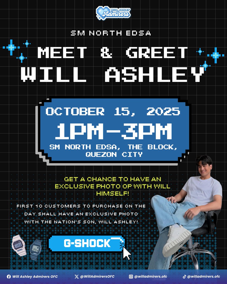 Hey WILLievers! 

Your chance to meet Will Ashley is HERE! But wait, there's more! The first 10 buyers at the event (1 PM - 3 PM) will get an exclusive, unforgettable photo op! 

Are you ready to be one of the lucky few? 🤩

WILLCOME TO CASIO
WILLCOME TO CASIO
#WillAshley