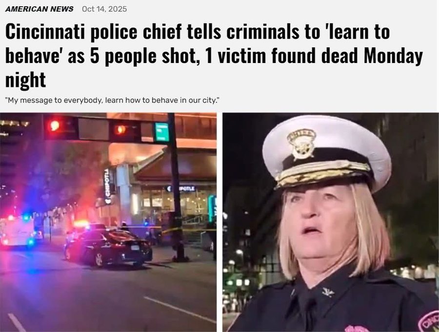 Nighttime urban intersection with multiple police vehicles parked, emergency lights flashing red and blue, yellow crime scene tape across the street, and a police officer standing nearby. Adjacent image shows a female police chief in white uniform hat and pink shirt, speaking into a microphone with a serious expression, badge visible on her chest.