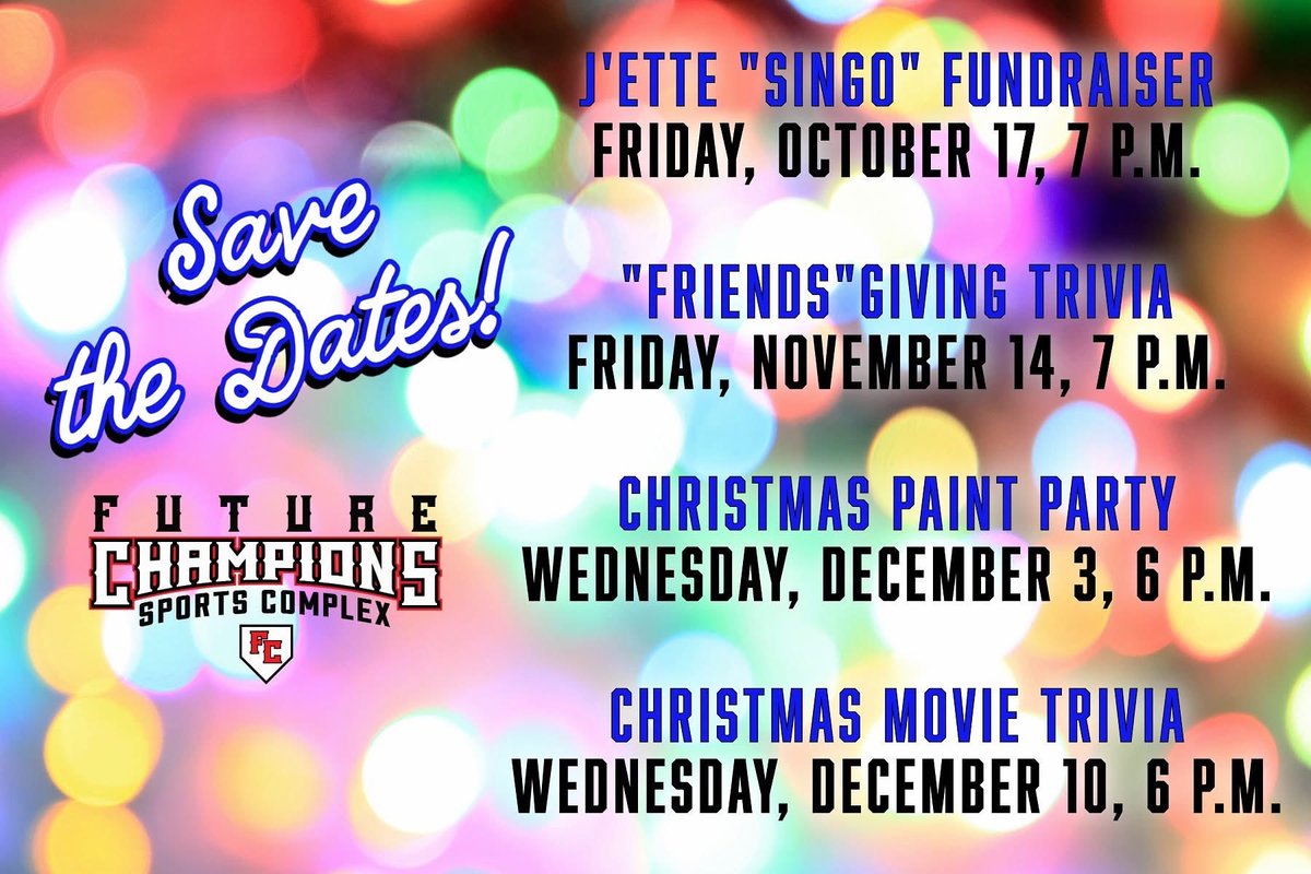 Save the dates for #FutureChampions events!
🎶 Oct. 17: J’ette SINGO
🦃 Nov. 14: Friendsgiving Trivia Night -- RSVP to twincitytrivia@gmail.com
🎄 Dec. 3: Christmas Door Hanger Paint Party with Kennedy Kreations
🎥 Dec. 10: Christmas Movie Trivia with Twin City Trivia