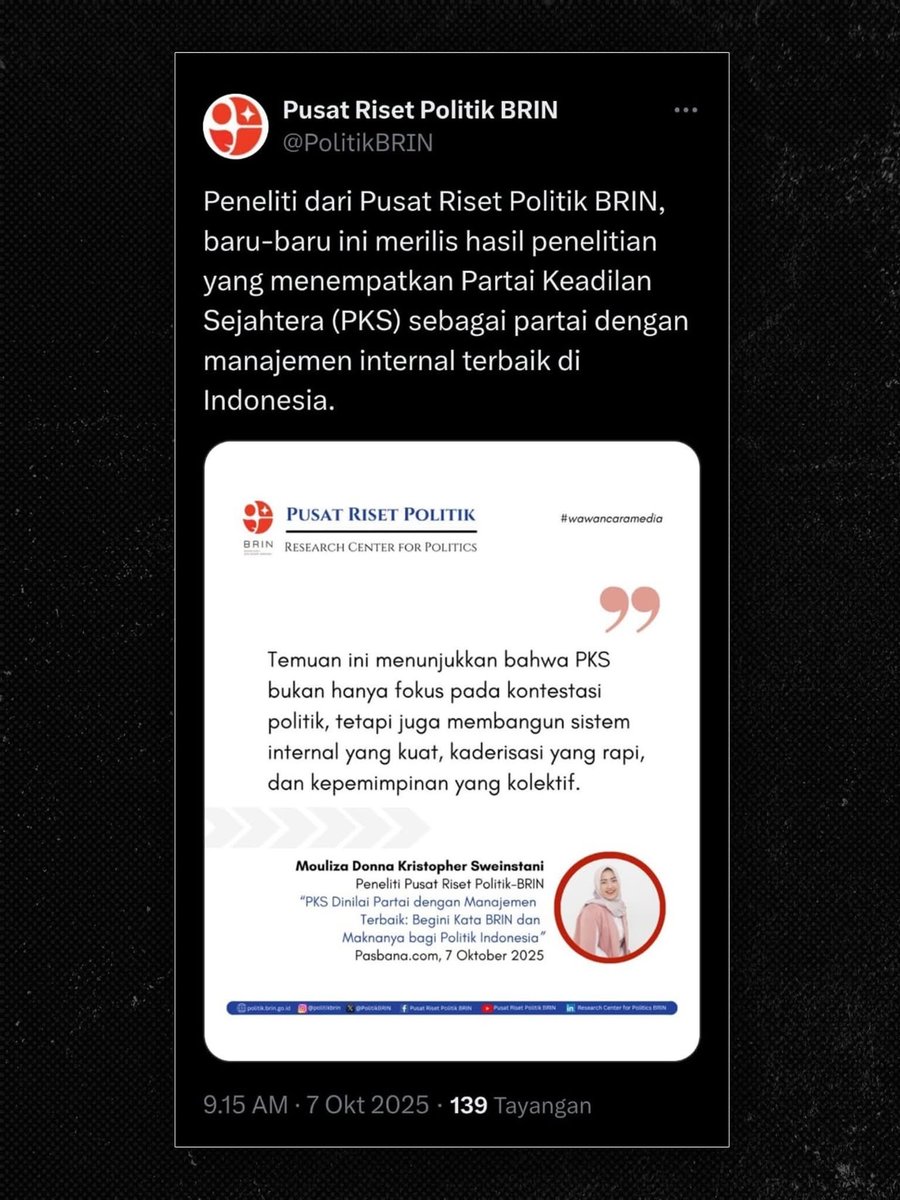 Alhamdulillah, hasil penelitian dari Pusat Riset Politik BRIN menempatkan Partai Keadilan Sejahtera (PKS) sebagai partai dengan manajemen internal terbaik di Indonesia.

Temuan ini menegaskan bahwa PKS tidak hanya fokus pada kontestasi politik, tetapi juga berkomitmen membangun