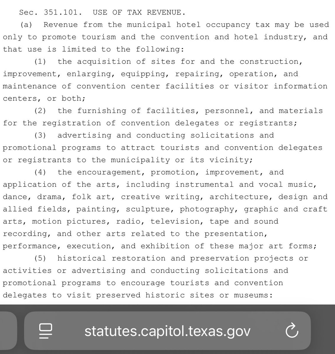 For all of the silly folks in San Antonio demanding that the city use the hotel tax for more important things than a new Spurs arena, here is what the state’s tax code says about that: