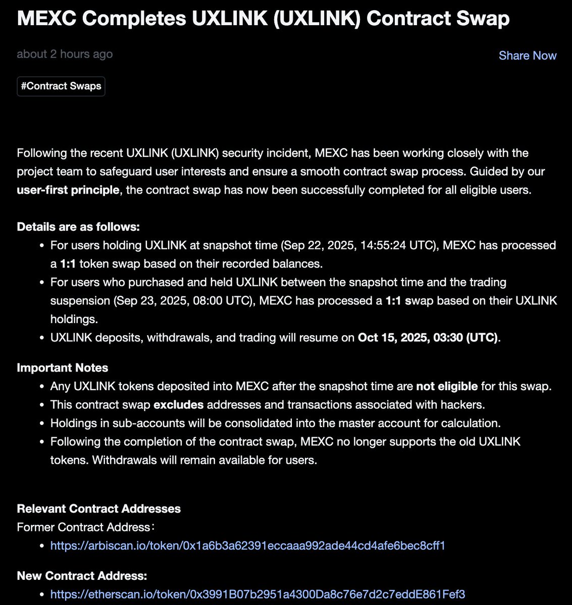 UXLINKofficial's tweet photo. MEXC @MEXC_Official completes #UXLINK Contract Swap, and will resume $UXLINK ( on ETH mainnet) deposits, withdrawals and trading on Oct.15, 03:30 UTC. ❤️🚀
https://t.co/W07VUwUrxc https://t.co/CJlMrXYA0p