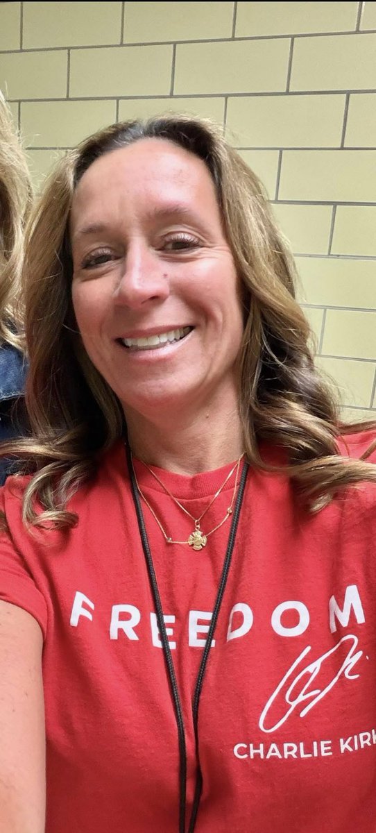 KStew1776's tweet photo. @FoxNews So my wife and her co-worker, both teachers aides at a NY State Public school, were forced to change their red “Freedom” shirts today that they wore to honor Charlie Kirk. They said the shirts were disruptive. Unbelievable! https://t.co/RegEVbsOr2