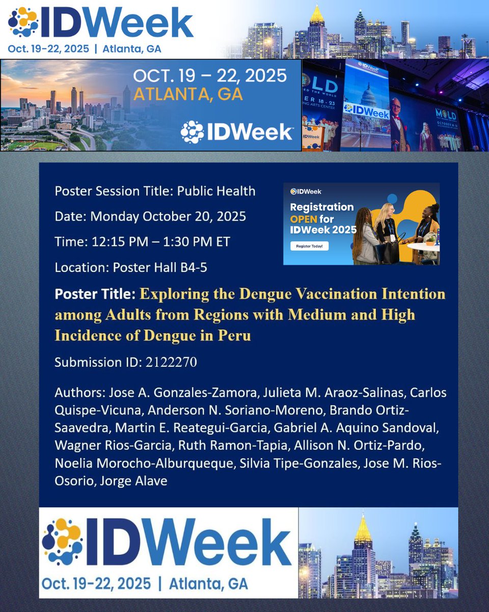 Honored to share that our research will be presented at #IDWeek2025 - The World Congress of Infectious Diseases 🇺🇸

Grateful for the guidance of great mentors and a strong Peru–USA collaboration 🤝

To all young scientists: never stop believing in your ideas 🌍
#research #Health