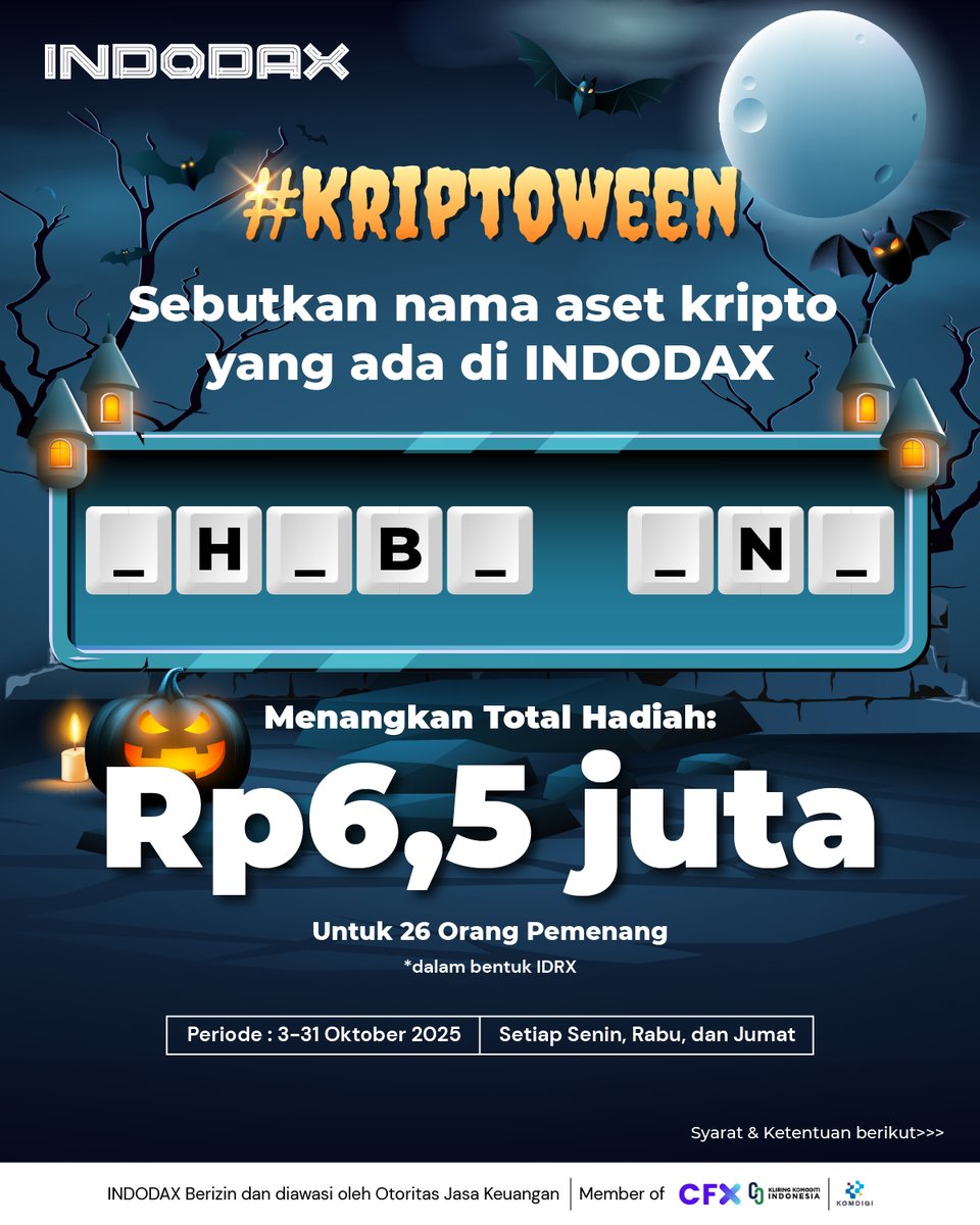 indodax's tweet photo. Tebak nama aset kripto yang ada di INDODAX ini yuk! Kira-kira apa ya?

Menangkan total hadiah Rp6,5 juta dalam bentuk IDRX buat 26 orang pemenang!

Liat syarat &amp; ketentuannya di slide 2 ya 

Periode: 3–31 Oktober 2025 (Setiap Senin, Rabu, dan Jumat)

#INDODAX #AsetMasaDepan https://t.co/86iO80rdDl