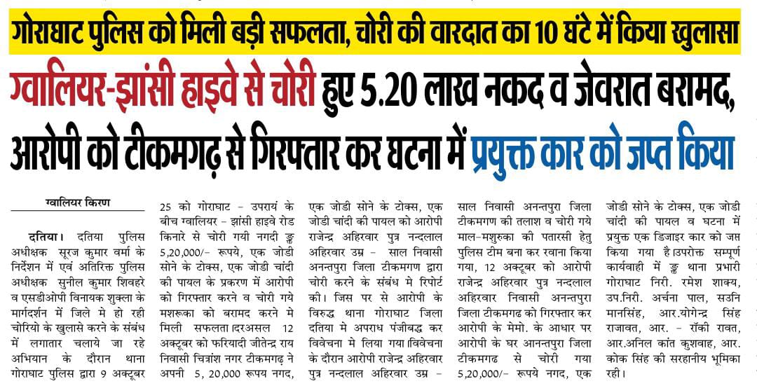 DatiaPolice's tweet image. थाना गोराघाट पुलिस की प्रभावी कार्यवाही — ग्वालियर-झांसी हाइवे पर हुई चोरी का खुलासा मात्र 10 घंटे में किया।
👉 आरोपी को जिला टीकमगढ़ से किया गिरफ्तार।
👉 चोरी हुए ₹5.20 लाख नकद, सोने चांदी के जेवरात बरामद किए।
👉 घटना में प्रयुक्त डिज़ायर कार भी जप्त।
#MPPolice
#DatiaPolice