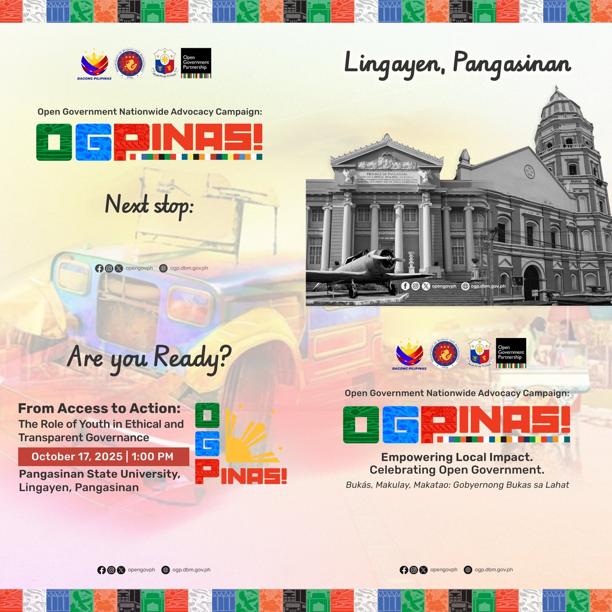 The OGPinas! Nationwide Advocacy Campaign is on the move as it heads to Pangasinan!
 
Read full post here: facebook.com/opengovPH
#OpenGovPH #OGPinas