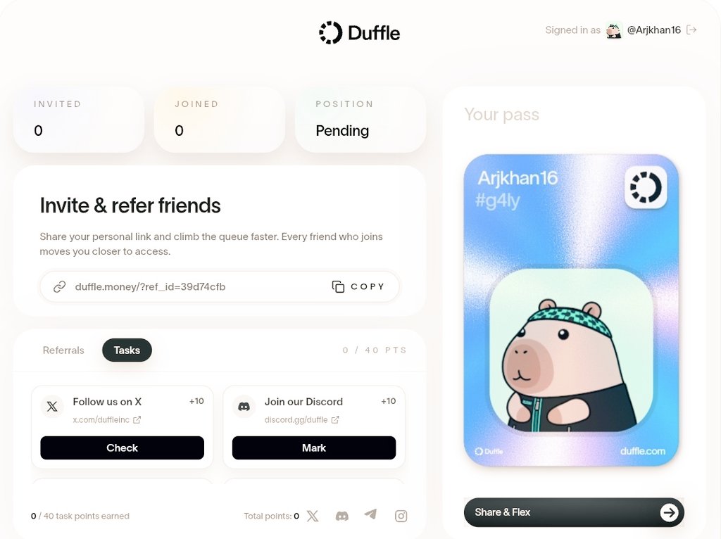 Join waitlist <a href="/duffleinc/">duffle</a> and do social media tasks 🥲

&gt; grab 40 pts &amp; refer your friends for more pts looks good here you can chack it 🤔