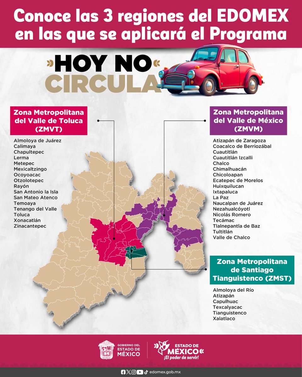 pciviledomex's tweet image. 📍Estas son las 3 regiones en donde aplicará, a partir del 1 de enero de 2026, el programa #HoyNoCircula
Revisa qué día descansa tu vehículo y ¡dale un respiro a la ciudad! 🌱
🖥️Para más iinformación ingresa a: sma.edomex.gob.mx
#ElPoderDeServir