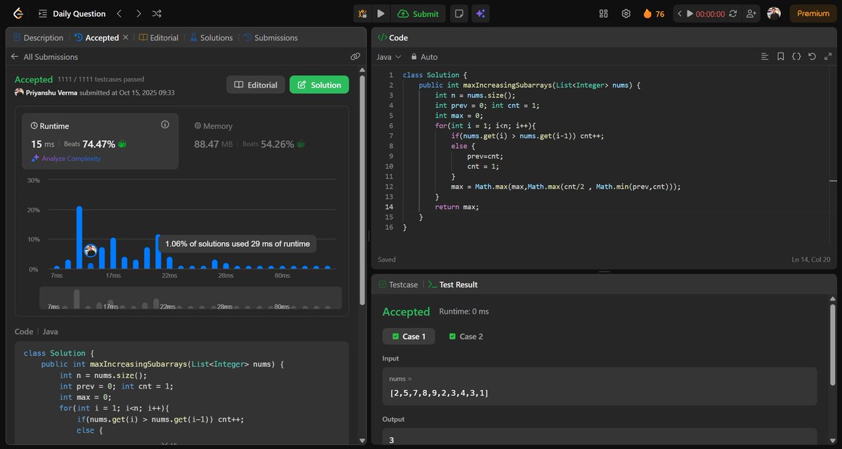 PriyanshuV82847's tweet image. Day 18/100 ✅ LeetCode POTD
3350. Adjacent Increasing Subarrays Detection II
Seemed easy… until it wasn’t 😆
“Tricky easy” problems are my favorite in disguise.
Streak: 🔥 76 days alive!
#LeetCode #100DaysOfCode #DevLife