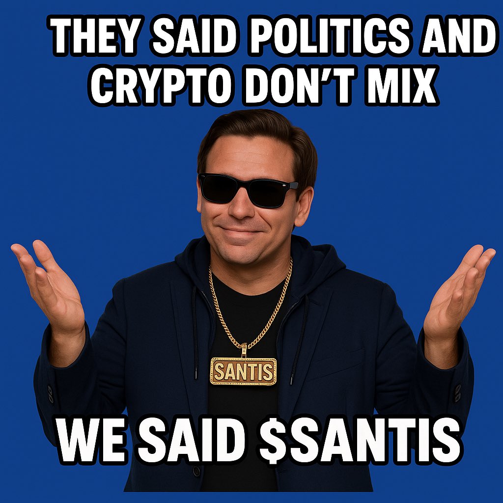 DesantisCoin's tweet photo. They said politics and crypto don’t mix…

$SANTIS said: Lead, don’t follow! ⚡️

PolitiFi isn’t waiting for permission — we’re building the future on-chain 🧠💥

#SANTIS #LeadDontFollow #PolitiFi #DeFi #CryptoRevolution https://t.co/EajCfSyNKm