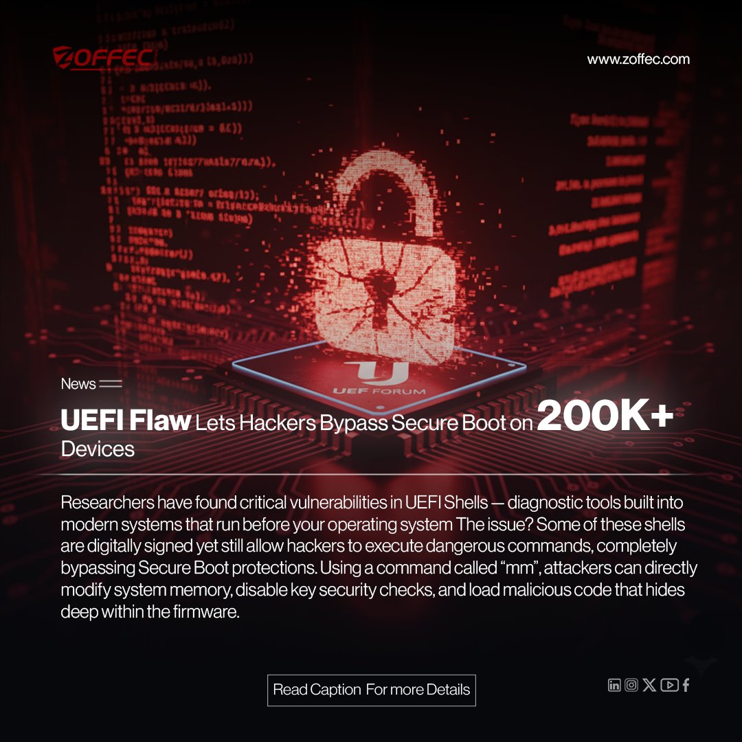 Zoffecinfotech's tweet image. UEFI flaw exposes 200K+ devices 🧠💻
Hackers can exploit signed UEFI shells to bypass Secure Boot, inject malware before the OS loads, and stay undetected.
Update BIOS & firmware now.
Signed ≠ Safe.
#uefi #secureboot #firmwaresecurity #cybersecurity #infosec #zoffecinfotech