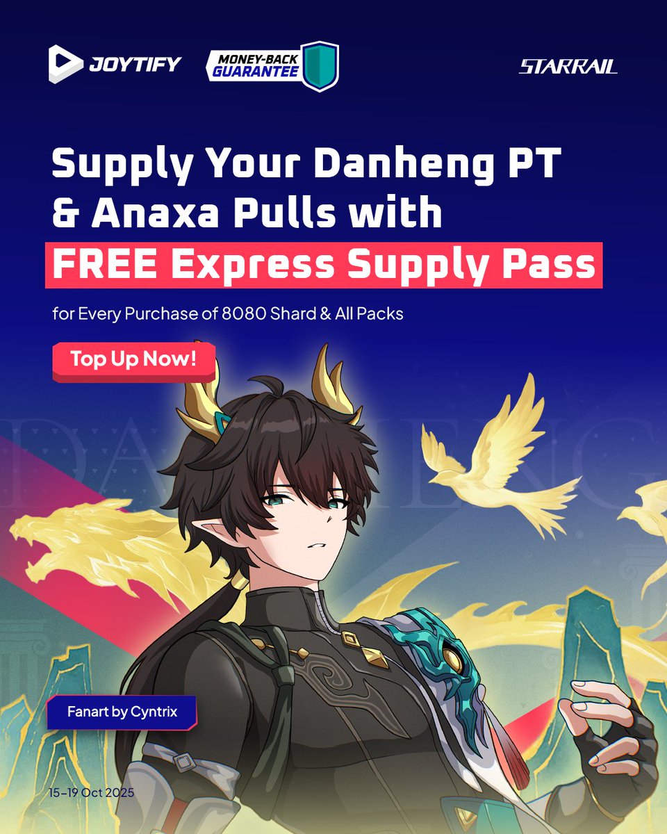 🐉 Fuel Your Dan Heng PT &amp; Anaxa Pulls!
Get a FREE Express Supply Pass with every 8080 Shard &amp; All Pack purchase.
More shards, more luck — don’t miss it! ✨
🗓️ Oct 15–19, 2025
💎 10x Money-Back Guarantee
🚀 Top Up Now on Joytify.com/en-ph/honkai-s…
#Joytify #HonkaiStarRail #DanHeng