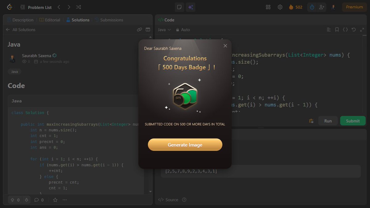SaurabhSax23072's tweet image. 💻🔥 Hit a new milestone — 500 Days Badge on @LeetCode !
500+ days of coding, problem-solving, and consistency.
Every submission = one small step toward mastery.
Stay consistent. Keep learning. Never stop building. 🚀
#LeetCode #Coding #100DaysOfCode #Consistency #DevLife