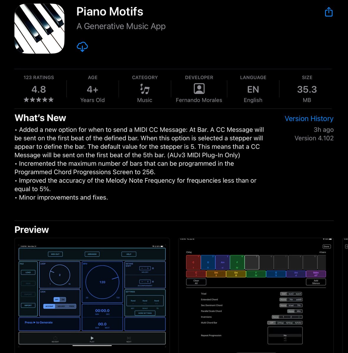 A new version of Piano Motifs (v4.102) is now available. New option to send CC MIDI message at a programmable bar number. (AUv3 MIDI plugin only). 
#generativemusic #ipadmusic #musicapp #midi #midiloops #iosmusicproduction #musicproducer #iosapps #auv3 #musicideas #pianomotifs