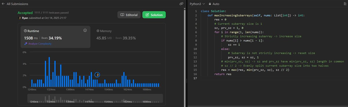 RyanIlano's tweet image. 🚀 LeetCode Daily Challenge: October 15 🚀
3350. Adjacent Increasing Subarrays Detection II
Track possible subarray sizes: current subarray size split into two halves, or smaller of previous subarray and current subarray.
#LeetCode #DSA #Coding #ProblemSolving #LearnInPublic