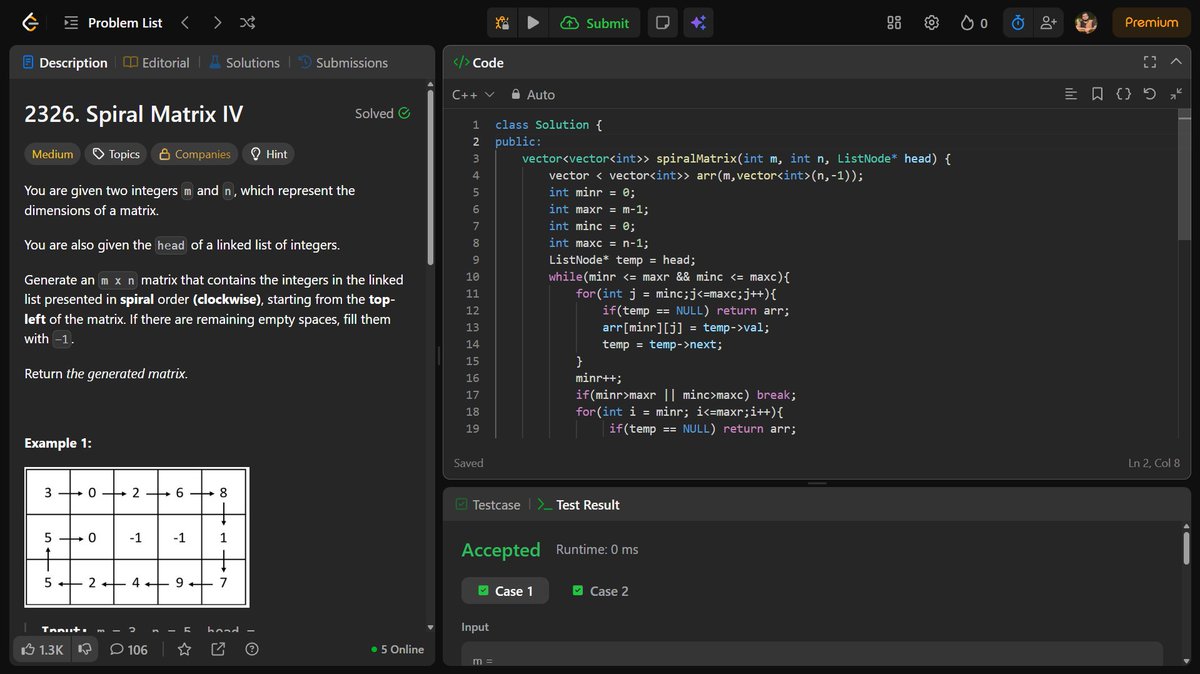 RahulGupta_0's tweet image. Day 47/100 of #100DaysOfCode
Solved: 2326. Spiral Matrix IV (Medium)
Traverse a matrix in spiral order
Map linked list data to 2D grid
Handle boundaries efficiently
Mixing linked list + matrix logic = pure brain gym
#LeetCode #Coding #DSA #CPP #CodeNewbie @harsh__x07