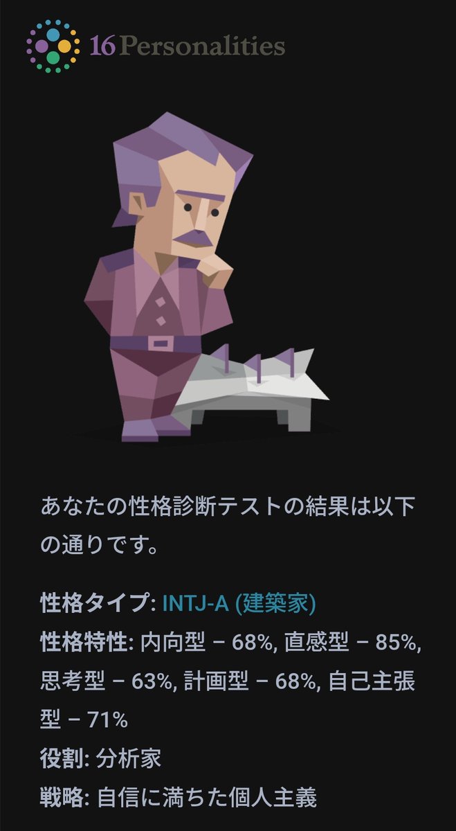 yosugachan____'s tweet photo. 満を持して16Personality診断をしました https://t.co/QSsyMjt9R6