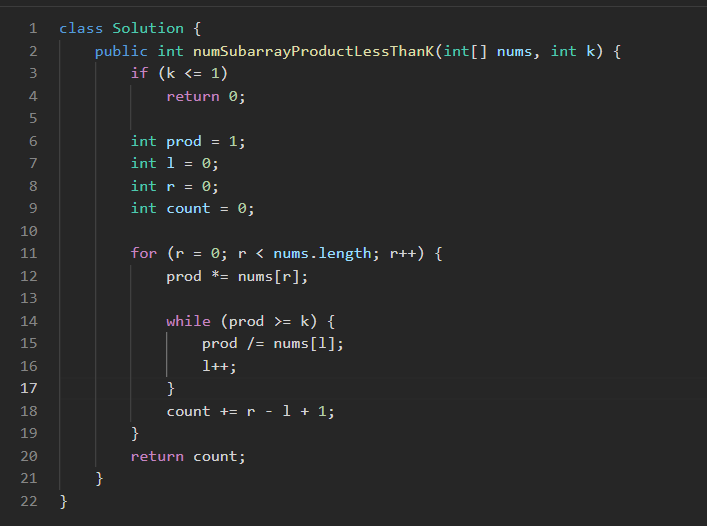 cha84587's tweet image. Just nailed a classic sliding window problem on LeetCode

Problem: [713] Count subarrays with product &amp;lt; k  
Language: Java  

Here’s how I approached it 👇  
#CompetitiveProgramming #Java