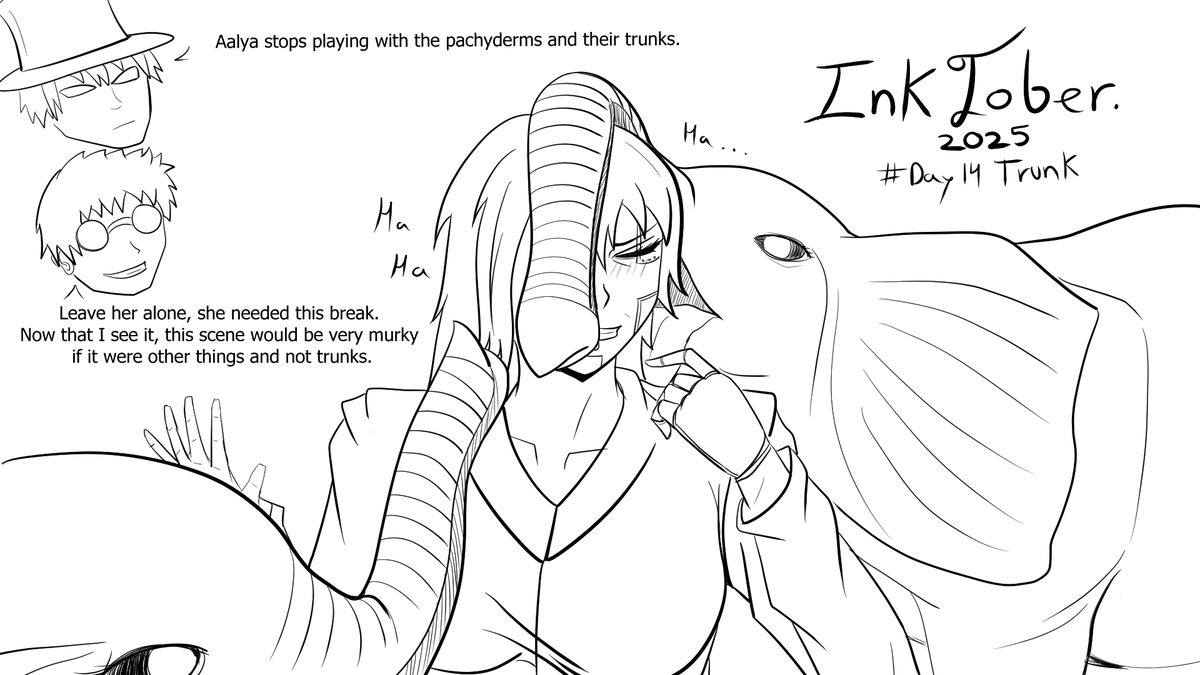DevilFrankArts's tweet photo. A short comic strip so that Aalya can rest a little today.
#Inktober2025 #inktober2025day14 #inktober2025trunk #elephants #elephanttrunks #digitalart #ocs #ocart #Inktober #comic https://t.co/0AyknxjhjQ