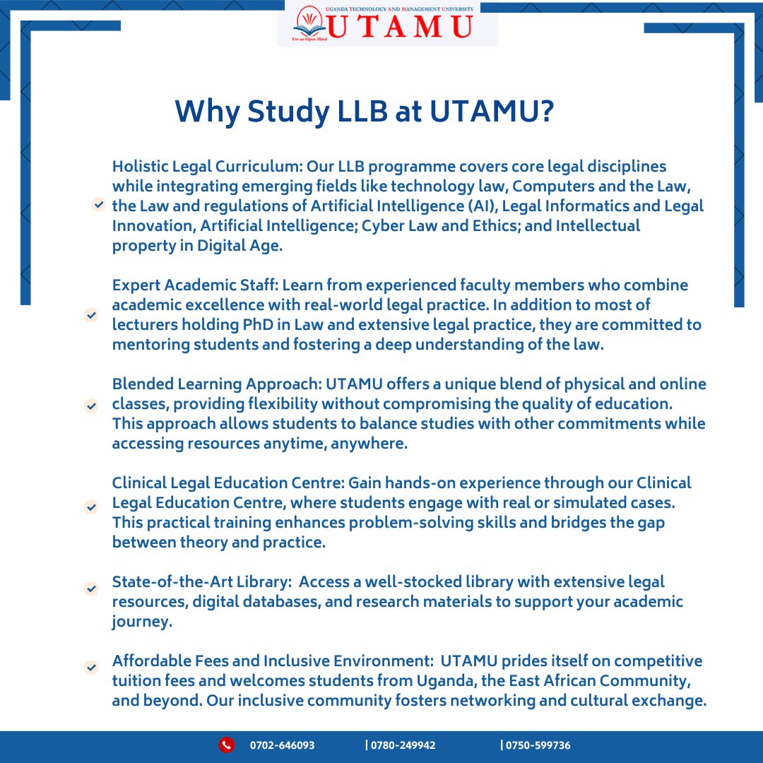 Call for applications for January 2026 intake!!    
The Office of the Academic Registrar, UTAMU, invites applicants for the January 2026 intake into the Bachelor of Laws (LLB) program. Start your journey to becoming a legal professional with a fully accredited, top-tier legal