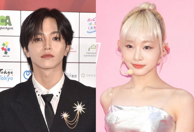 Split image shows young man with straight black hair wearing black suit white shirt black tie and star-shaped brooch standing in front of event banner on left side and young woman with blonde hair in bun wearing silver dress and earpiece standing in front of pink banner on right side both posing formally at entertainment event with logos like CyberAgent and Tokyo Gateway visible in backgrounds.