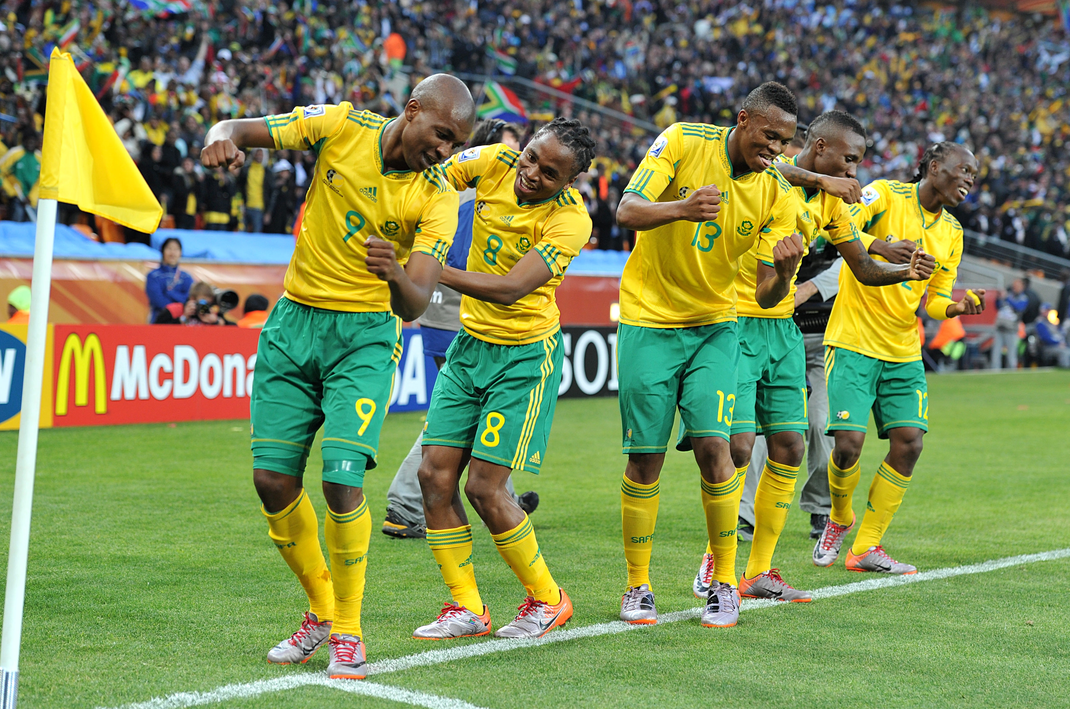 South Africa's Siphiwe Tshabalala celebrates with his teammates after scoring his sides first goal of the opening game at the FIFA World Cup 2010 South Africa.