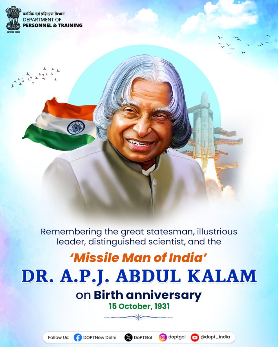 DoPTGoI's tweet image. Remembering Dr. APJ Abdul Kalam, former President of India, Bharat Ratna awardee and the Missile Man of India, on his birth anniversary.
His vision, wisdom and dedication continue to inspire the youth to dream big and contribute to nation-building.

#apjabdulkalamjayanti…