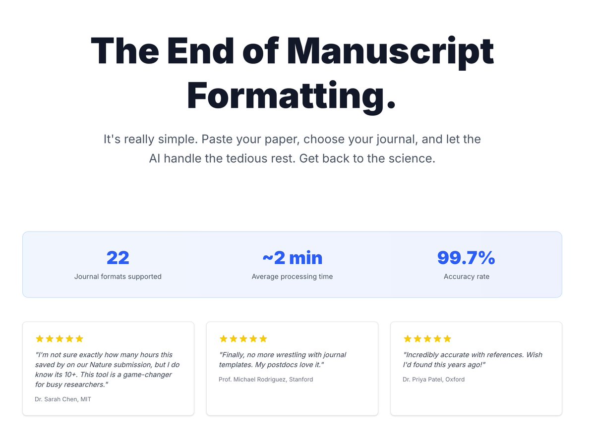 mbeisen's tweet image. Finally, someone has solved a real problem with AI! No more having to take a paper in the format for a journal that rejected you, and reformat it for a new journal. Well done!!
formatmypaper.com
