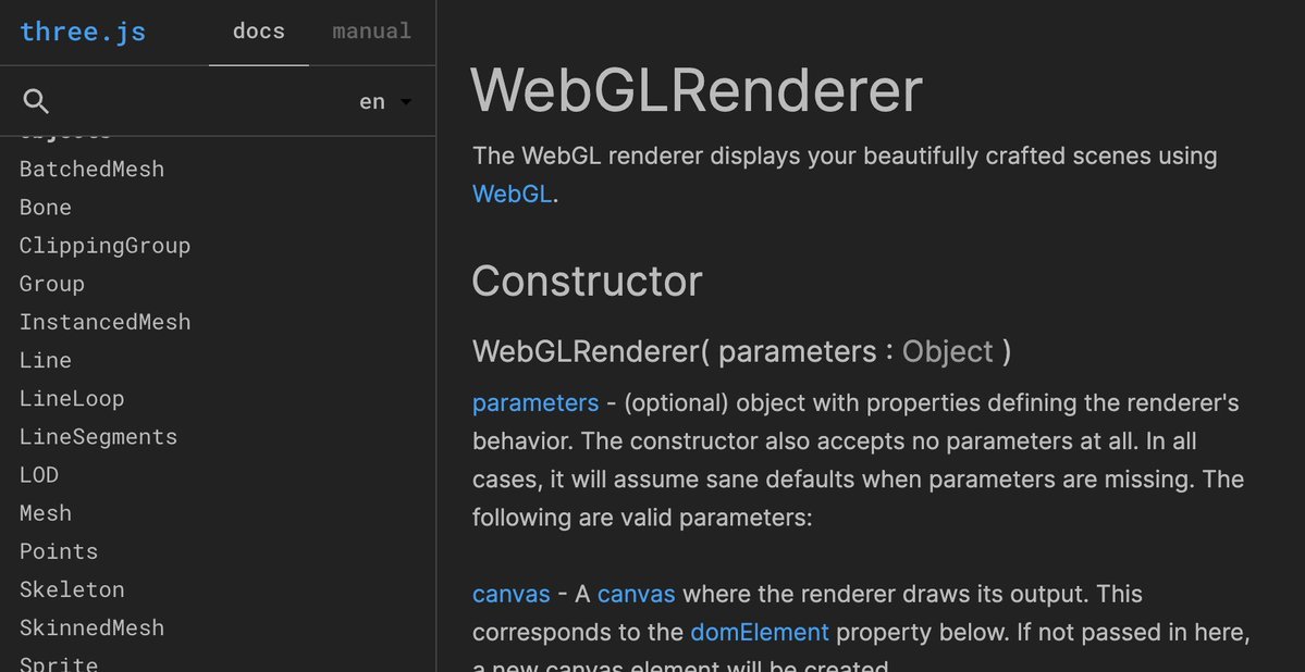 garrettkjohnson's tweet image. What are your favorite examples of documentation out there, especially for 3d libraries? What do they do well?
I'm considering updating some of my project docs & am looking for inspiration. Even the little things make a difference.
#threejs #webgl #javascript