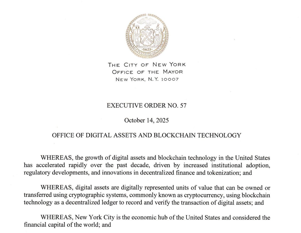 🇺🇸 LATEST: NYC Mayor Eric Adams establishes the Office of Digital Assets and Blockchain Technology via an executive order, advancing the city's crypto agenda.