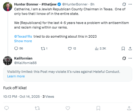 HunterBonner's tweet photo. Some of the feedback I got recently when commenting about the Politico story about Young Republican Leaders engaging in antisemitic rhetoric.
#thatjew https://t.co/BJuE8QszsO