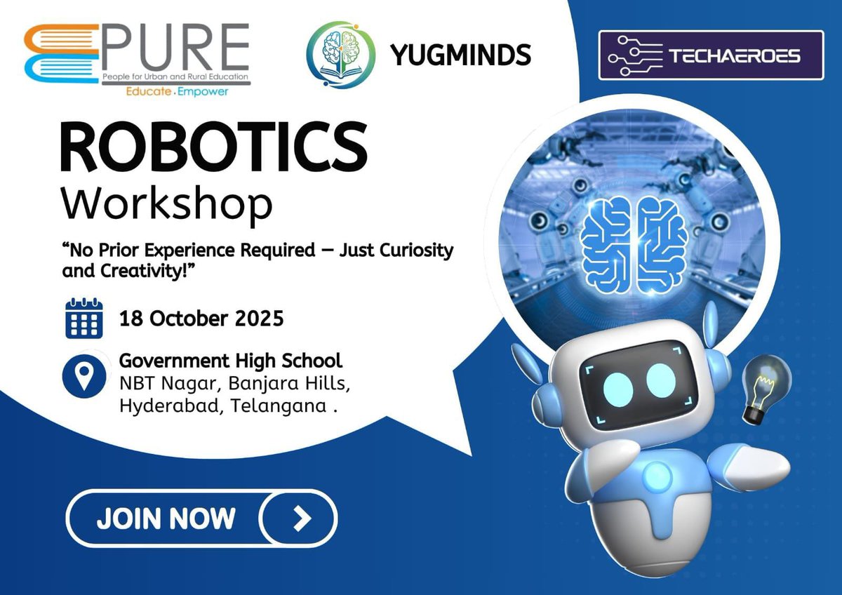thepureglobal's tweet image. PURE, in collaboration with Yugminds and TechAeroes, is hosting a Robotics Workshop at Government High School, NBT Nagar, Hyderabad on 18 Oct 2025 — inspiring creativity and innovation in young minds!
@shylainspires
#PURE #RoboticsWorkshop #EducationEmpowers #Innovation