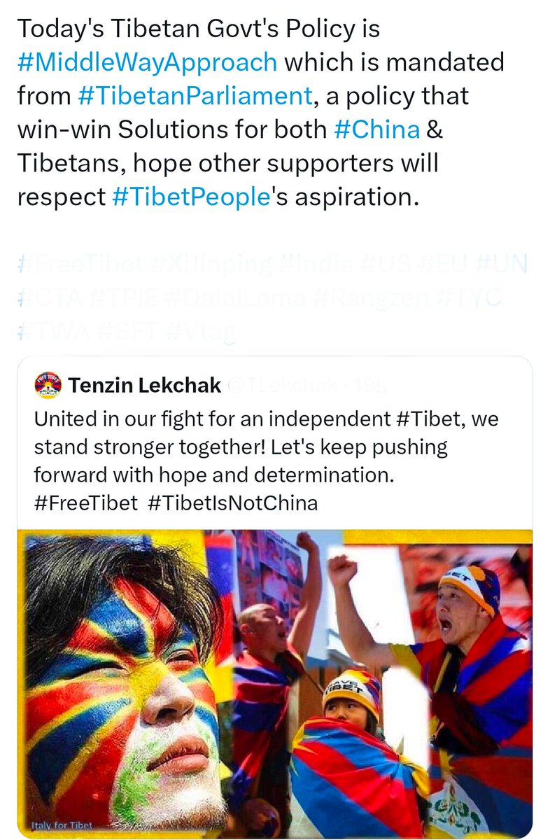 Tenzin__Tibet's tweet image. དེང་སྐབས་བོད་སྲིད་གཞུང་གི་སྲིད་ཇུས #MiddleWayApproach ནི་#TibetanParliament ནས་གཏན་འབེབས་བྱས་པའི་སྲིད་ཇུས་ཤིག་ཡིན་ཞིང་། #China དང་བོད་མི་གཉིས་ཀར་གཉིས་ཕན་གྱི་ཐག་གཅོད་བྱེད་ཐབས་ཤིག་ཡིན་ཞིང་། 
@DrewPavlou @ShengXue_ca @sidhant @SophieDRich 
#FreeTibet #XiJinping #DalaiLama #Rangzen