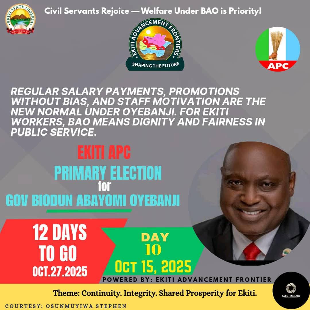 EkitiArshavin's tweet photo. POWERED BY: EKITI ADVANCEMENT FRONTIER 

Worker’s Governor, Worker’s Pride!
Regular salaries, prompt promotions, and welfare first.
Governor Biodun Oyebanji has restored dignity to Ekiti’s workforce.

#BAO4Workers
#EkitiCivilService
#ContinuityMatters https://t.co/fAAGGPrH7m