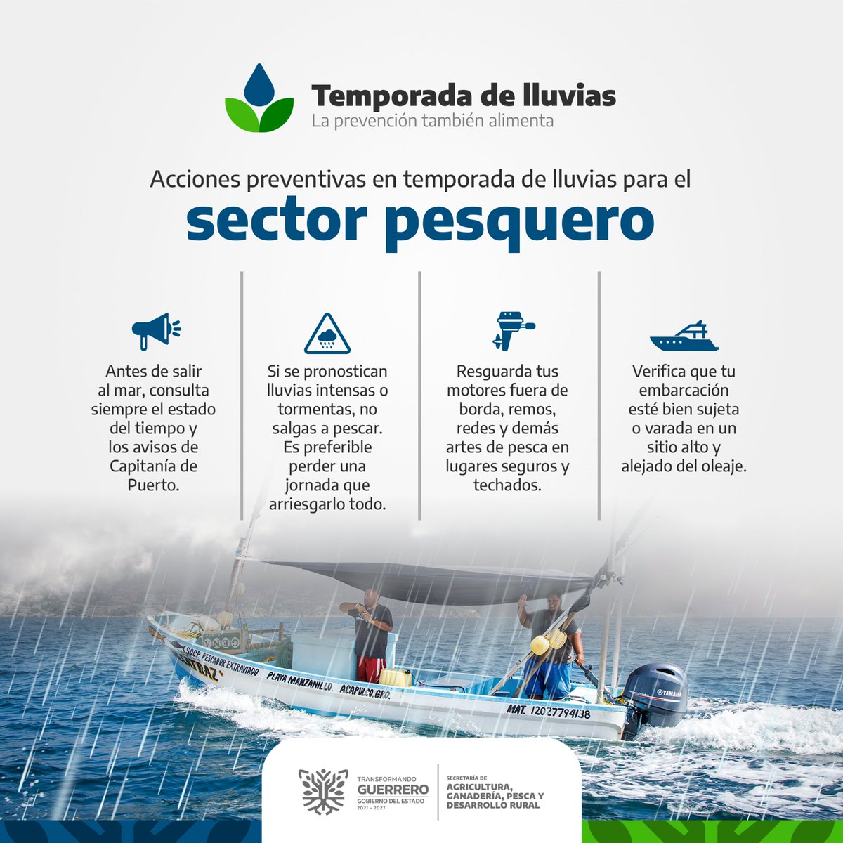 La seguridad es lo primero, también en el mar. La Secretaría de Agricultura, Ganadería, Pesca y Desarrollo Rural del Estado de Guerrero impulsa recomendaciones clave para proteger a las y los pescadores durante la temporada de lluvias, priorizando la prevención ante tormentas y