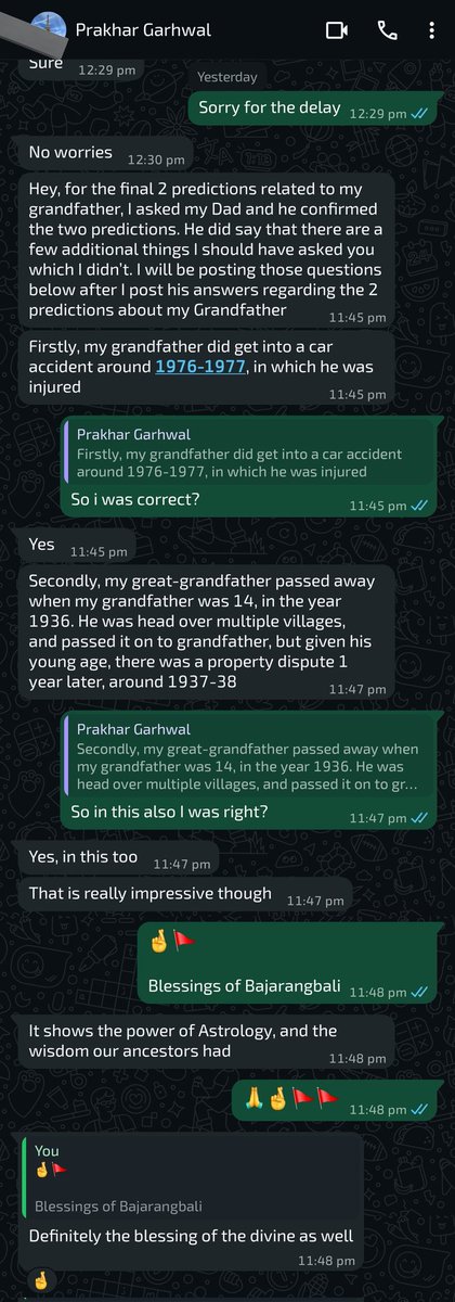 daarshik108's tweet photo. Let me show you the magic of this divine subject – Jyotisha (Astrology).

This case was a little special - both his D1 and D9 charts were changing within a span of just two minutes. In my consultations, I never proceed without confirming events from the past. Without that confirmation, you cannot firmly speak about the future. 

Just a few days back, after a delay of almost one and a half months, I had a session with Prakhar (he is mid 90s born , between 1995-2000) @PrakharGarhwal2 (tagging him with his permission).

So, I began by describing certain past events to pinpoint the correct birth time, and everything matched.

To further confirm the exact time (since the lagna was changing), I asked him to verify two events related to his grandfather.

The first was an accident or injury to his grandfather around 1976-1977. He later confirmed that, indeed, his grandfather had met with an accident during that time.

The second was about a land and property dispute that occurred around 1937-1938. Again, he confirmed there had been such an issue with his grandfather in those exact years. 

This is the magic of this vidya - Jyotisha. Not only can we see events, but we can even precisely time incidents that happened a hundred years ago in a person's family.

Being born into any family is never random; it is deeply karmic. Through the birth chart, we can understand certain karmic events connected to one’s family and uncover the soul’s deeper connection to it. That, ultimately, is the true purpose of Jyotisha.

Secondly, Jyotisha is a science of time (Kaal). For example, saying “your grandfather faced a property issue” carries some weight, but when we say, “your grandfather faced a property issue in 1937–1938 and suffered an injury in 1976-1977,” the statement becomes incredibly precise, specific, and revealing of karmic debts.

This is the true magic of this sacred knowledge - the wisdom our rishis gifted us. It is a vidya that transcends time.

May Bajrangbali bless us with more and more strength so we may continue to serve and honor this sacred tradition.

Hope this helps you connect more deeply with this divine subject.