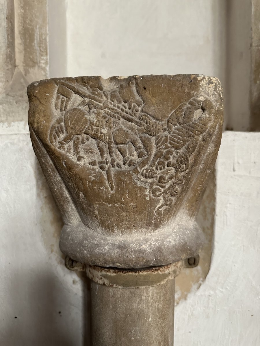Swannington, Norfolk, St Margaret.
By far the most important object in the church is a Norman pillar piscina carved with St George and the Dragon. It was hidden in the rood loft staircase and only discovered when that was unblocked a hundred years ago