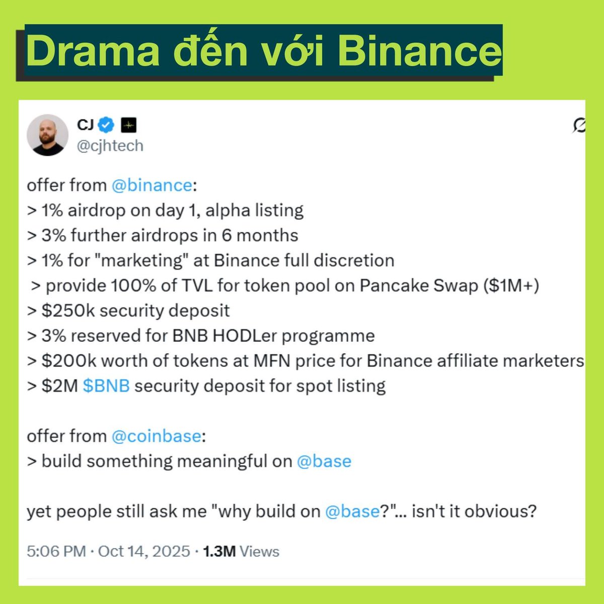 🧐 TỐN BAO NHIÊU ĐỂ LIST TRÊN BINANCE?
[DRAMA] Binance - CZ - CJ - Limitless

📌 1/ Câu chuyện bắt nguồn từ một tweet của CJ Hetherington (<a href="/cjhtech/">CJ (晨杰)</a> - CEO Limitless Labs) liệt kê về chi phí để được lên Binance với nội dung sau:

> 1% airdrop ngay ngày đầu + niêm