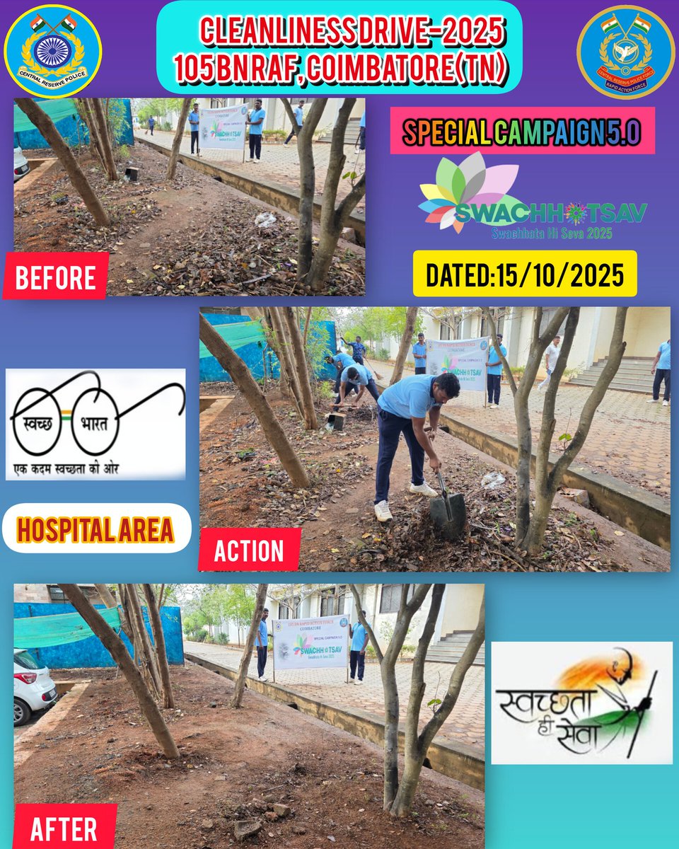"A CLEAN PLACE IS A SAFE PLACE" As part of Special Campaign 5.0 to Institutionalise Swachhata, Personnel of 105 BN RAF, Coimbatore organised a cleanliness drive in the Hospital area on 15/10/2025
#SpecialCampaign5_0
